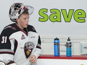 Vancouver Giants goalie Trent Miner 'scouts' the opposition, in this case the Prince Albert Raiders, prior to a Jan. 24, 2019 WHL game at the Langley Events Centre.