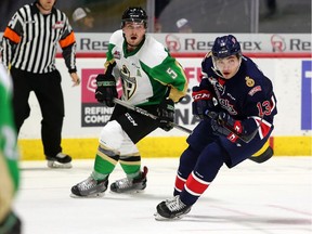 The Vancouver Giants acquired 17-year-old forward Sergei Alkhimov, right, from the Regina Pats on Tuesday in exchange for veteran Dawson Holt. Each team is also swapping conditional draft picks in 2022.