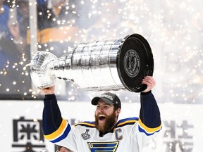 St. Louis Blues captain Alex Pietrangelo hoists the Stanley Cup after the Blues defeated the Bruins in Game 7 of the Stanley Cup Final at TD Garden in Boston on June 12, 2019.