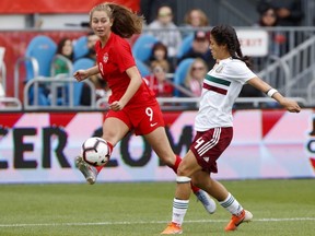 Team Canada's forward Jordyn Huitema gets off a pass in front of Team Mexico's defender Rebeca Bernal (4) during the second half of a women's international soccer friendly at BMO Field in Toronto, Saturday, May 18, 2019.