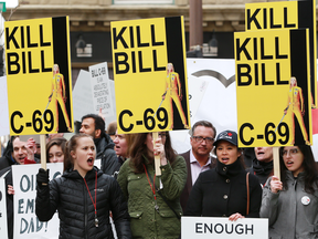 Pro-pipeline supporters rally against Bill C-69, in Calgary on March 25, 2019.