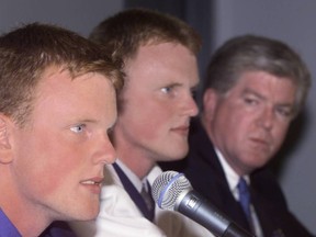 Brian Burke introduces the Sedins to Vancouver in a July 1999 press conference.