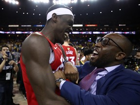 Raptors’ Pascal Siakam (left) celebrates after his team defeated the Golden State Warriors in Game 6 of the NBA Finals to secure the league title on Thursday night. Siakam displayed confidence throughout his rookie campaign. (GETTY IMAGES)