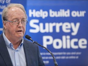 Surrey Mayor Doug McCallum briefs the media on the just-released Policing Transition Report at Surrey city hall Monday, June 3, 2019.