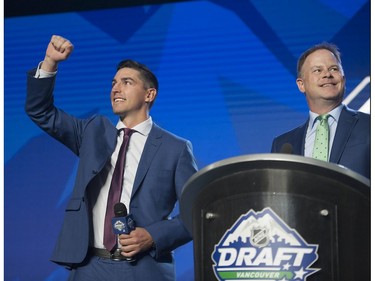 Alex Burrows onstage at the first round of the 2019 NHL Draft 2019 at Rogers Arena in Vancouver, Friday, June 21.