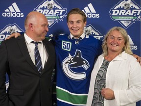Nils Hoglander, seen with his parents Anders and Maria Hoglander, was picked in the second round by the Vancouver Canucks on Day 2 of the 2019 NHL Draft at Rogers Arena in Vancouver. Photo: Jason Payne/Postmedia