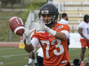 Receiver Gerardo Alvarez, from Mexico, catches a ball during B.C. Lions training camp at Hillside Stadium in Kamloops on May 21, 2019.