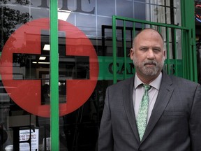 Dana Larsen of the Vancouver Dispensary Society as he announces the closing of his dispensary at 880 E Hastings St. in Vancouver.