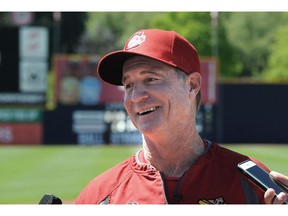 Vancouver Canadians' baseball manager Casey Candaele talks to reporters about his team's first game of the season at Nat Bailey Stadium in Vancouver.