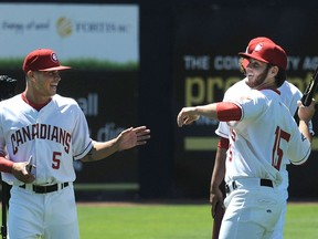 Vancouver Canadians Adrian Ramos (left) and Grant Townsend horse around during Tuesday's media availability at Nat Bailey Stadium, in the run-up to Friday's season opener for the Northwest League C's against the visiting Spokane Indians.