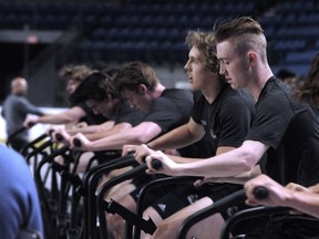Tyler Madden (second from right) and other prospects are put through their paces at the Vancouver Canucks 2019 Prospect Summer Development Camp at the Doug Mitchell Thunderbird Sports Centre in Vancouver on June 25, 2019.