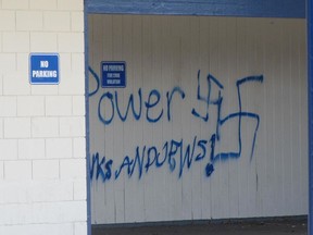 Graffiti spray-painted on the walls of a Richmond elementary school in 2011. Between 2016 and 2017, the number of hate crimes against Jews reported to police jumped from one to 19.