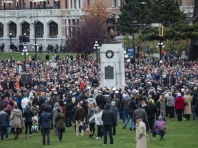 Crowds gathered at the cenotaph at the B.C. legislature in 2017 for the Remembrance Day ceremony.