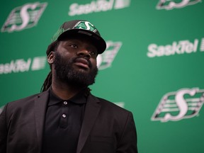 Linebacker Solomon Elimimian meets with members of the press at Mosaic Stadium after being signed by the Saskatchewan Roughriders on May 9, 2019.