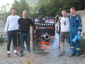 UBC Rocket's hot fire team a few minutes after a successful test in Chilliwack on July 12. L-R: Pablo Fernandez, Scott Thiessen, Griffin Peirce, and Simon Bambey. The team is competing for the $1-million Base 11 Space Challenge to send a liquid rocket into the edge of space.