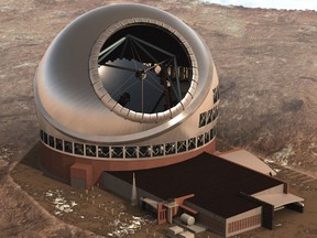 Artist's conception of the Thirty Meter Telescope atop the volcanic peak of Mauna Kea in Hawaii.
