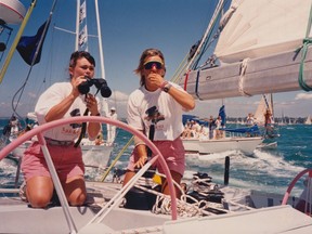 Skipper Tracy Edwards (left) and crew member Mikaela Von Koskull on the deck of the Maiden during the Whitbread Round the World Yacht Race. Photo: Courtesy of Tracy Edwards