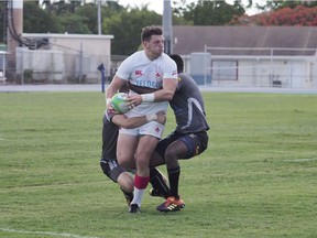 Canada's Adam Zaruba in action at the Rugby Americas North Tokyo 2020 rugby sevens qualifier tournament in George Town, Cayman Islands, on July 6, 2019.