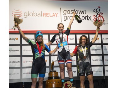 First place Kendall Ryan, Second place Lily Williams, Third Maggie Coles-Lyster in the Woman's race at the 2019 Gastown Grand Prix. Photo: Francis Georgian / Postmedia