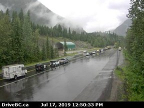 Highway 1 is closed in both directions just east of Revelstoke after a dump truck lost control and collided with several other vehicles, killing one. This Drive B.C. highway camera shows traffic halted following the collision.