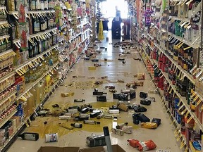 This handout picture obtained courtesy of Rex Emerson taken on July 4, 2019 shows broken bottles and other goods in a store in Lake Isabella, California after a 6.4 magnitude quake hit Southern California. Another 7.1 quake hit on Friday evening, according to the U.S. Geological Survey.