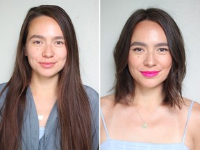 Katie Chu before, left, and after her makeover by Nadia Albano.