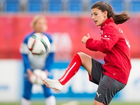 In this file photo taken on June 13, 2015, Swiss Florijana Ismaili takes part in a training session at the FIFA Women's World Cup at Clark Stadium in Edmonton.