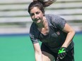 Canadian national women's field hockey team member Maddie Secco of Victoria practises at the University of Victoria hockey turf field in Victoria on June 4.