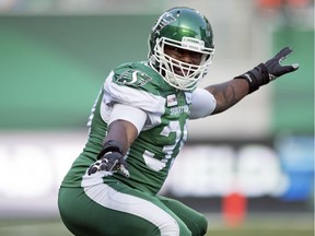 Saskatchewan Roughriders' defensive lineman Charleston Hughes celebrates a victory against the B.C. Lions last week in Regina. If the Lions don't stop him at B.C. Place on Saturday in the rematch he could be celebrating again.