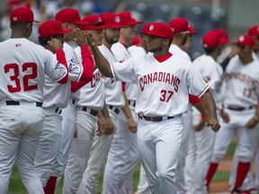 Juan Nunez is welcomed by teammates prior to the start of the Vancouver Canadians home opener against the Spokane Indians at Nat Bailey stadium in Vancouver. (Photo: Jason Payne/Postmedia)