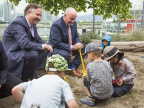 B.C. Premier John Horgan and Vancouver Mayor Kennedy Stewart mark a new partnership that will bring thousands of new licensed child care spaces across the city.