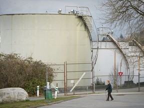 The giant storage tanks outside of the Parkland refinery site in North Burnaby.