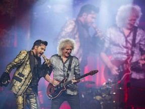 Guitarist Brian May and singer Adam Lambert perform onstage for An Evening with Queen and Adam Lambert: The Rhapsody Tour at Rogers Arena. Vancouver, July 10 2019.