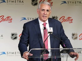 Ron Francis talks to reporters, Thursday in Seattle after he was introduced as the first general manager for Seattle's yet-to-be-named NHL hockey expansion team.