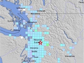 This is a screen shot from the U.S. Geological Survey's website that shows how an earthquake that hit Seattle area early Friday morning was felt in Metro Vancouver and the Fraser Valley.