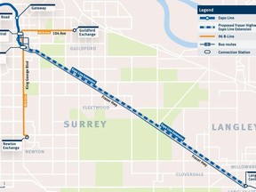 The proposed Surrey-Langley SkyTrain route along Fraser Highway.