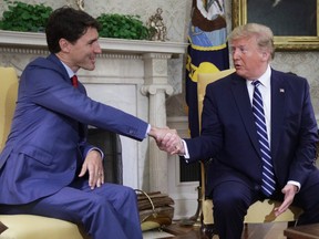 President Donald Trump (R) meets with Canadian Prime Minister Justin Trudeau in the Oval Office of the White House June 20, 2019 in Washington, DC. The two leaders were expected to discuss the trade agreement between the U.S., Canada and Mexico.