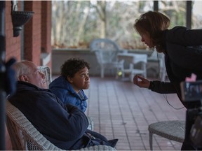 Director Shelagh McLeod works with actors Richard Dreyfuss, left, and Richie Lawrence on the set of Astronaut.