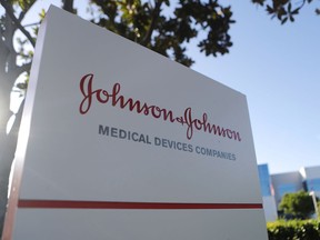 A sign outside the Johnson & Johnson campus in Irvine, California. A judge has ordered the company to pay $572 million in connection with the opioid crisis in Oklahoma.