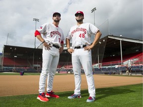 Vancouver Canadians pitchers Adam Kloffenstein, left, is 6-5 and 243 pounds, while teammate Alek Manoah is 6-6 and 260 pounds.