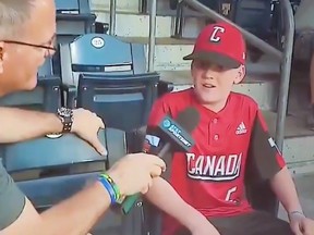 Coquitlam Little Leaguer Everett Bertsch interviewed at PNC Park on Tuesday.