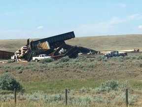 A train derailment is shown near Irvine, Alberta on Friday Aug. 2, 2019. Residents near a community in southeastern Alberta are being told to evacuate the area as a precaution following a train derailment.