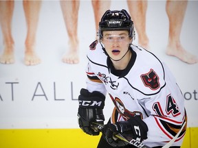 Calgary Hitmen Carson Focht against the Kelowna Rockets during WHL hockey at the Scotiabank Saddledome in Calgary on Sunday, January 7, 2018.