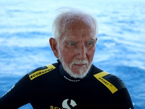 Ray Woolley, diver and World War Two veteran, is seen before breaking a new diving record as he turns 96 years of age by taking the plunge at the Zenobia, a cargo ship wreck off the Cypriot town of Larnaca, Cyprus, on Aug. 31, 2019.