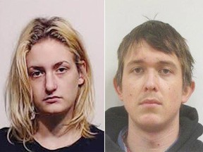Bre-Anne Buhler, left, and Kael Svendsen, right, pictured in police mugshots, filed matching lawsuits last week in B.C. Supreme Court in Penticton.