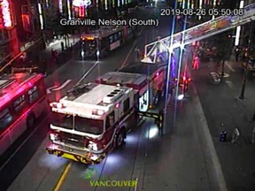 A fire in downtown Vancouver is causing major transit delays and some road closures on Monday morning.