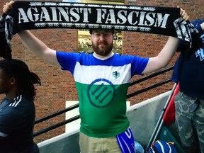 Whitecaps fan Paul Sabourin-Hertzog says his flag carrying a historic symbol of opposition to Nazism was seized by Portland Timbers security because they deemed it political speech.
