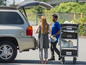 A customer is helped loading groceries in a Superstore online parking stall in Vancouver.