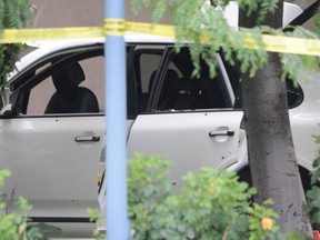 The Porsche Cayenne that Leah Hadden-Watts was inside when she was shot and seriously injured during a gangland slaying in Kelowna, B.C. on Aug. 14, 2011.