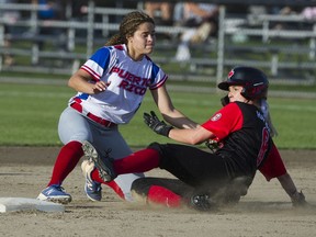 Victoria Hayward of Team Canada slides safely into second base ahead of an attempted tag by Natalia Rodriguez of Puerto Rico during Wednesday's round-robin action at the WBSC Americas Qualifier for the 2020 Tokyo Olympics at Softball City in Surrey.